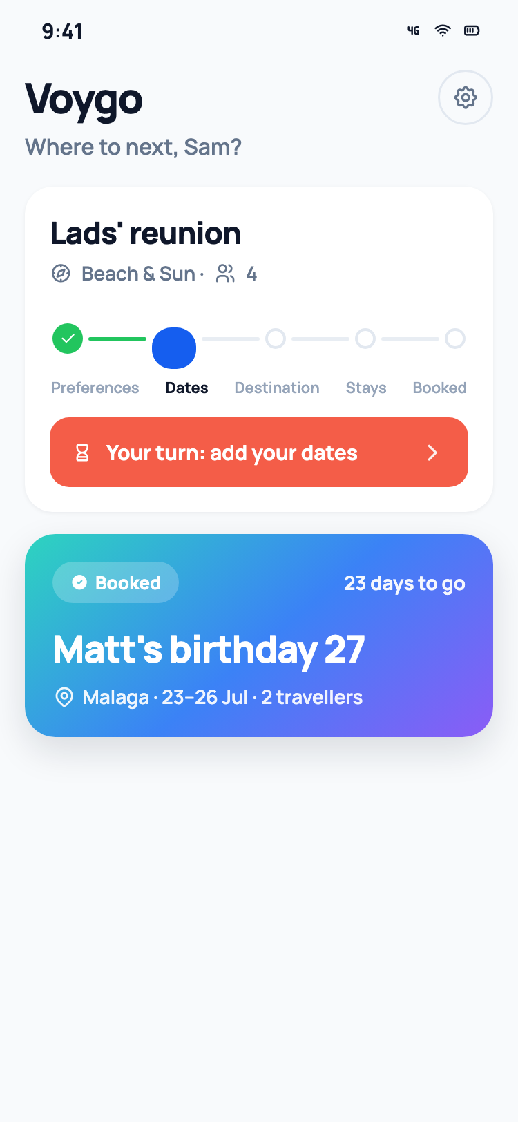 Voygo home screen showing trip progress and a booked trip