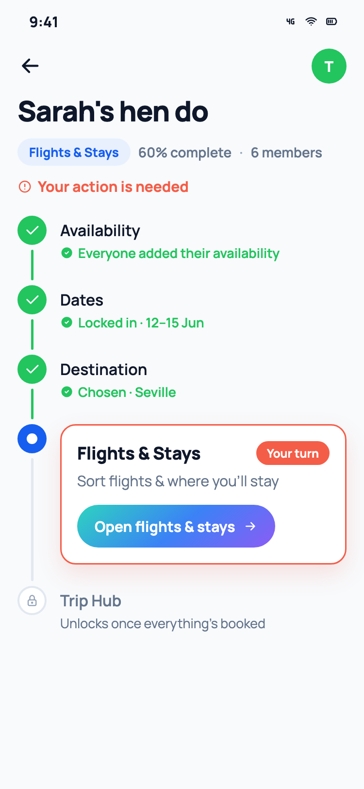 Voygo trip hub mid-plan: availability, dates and destination done, with flights and stays up next as your turn