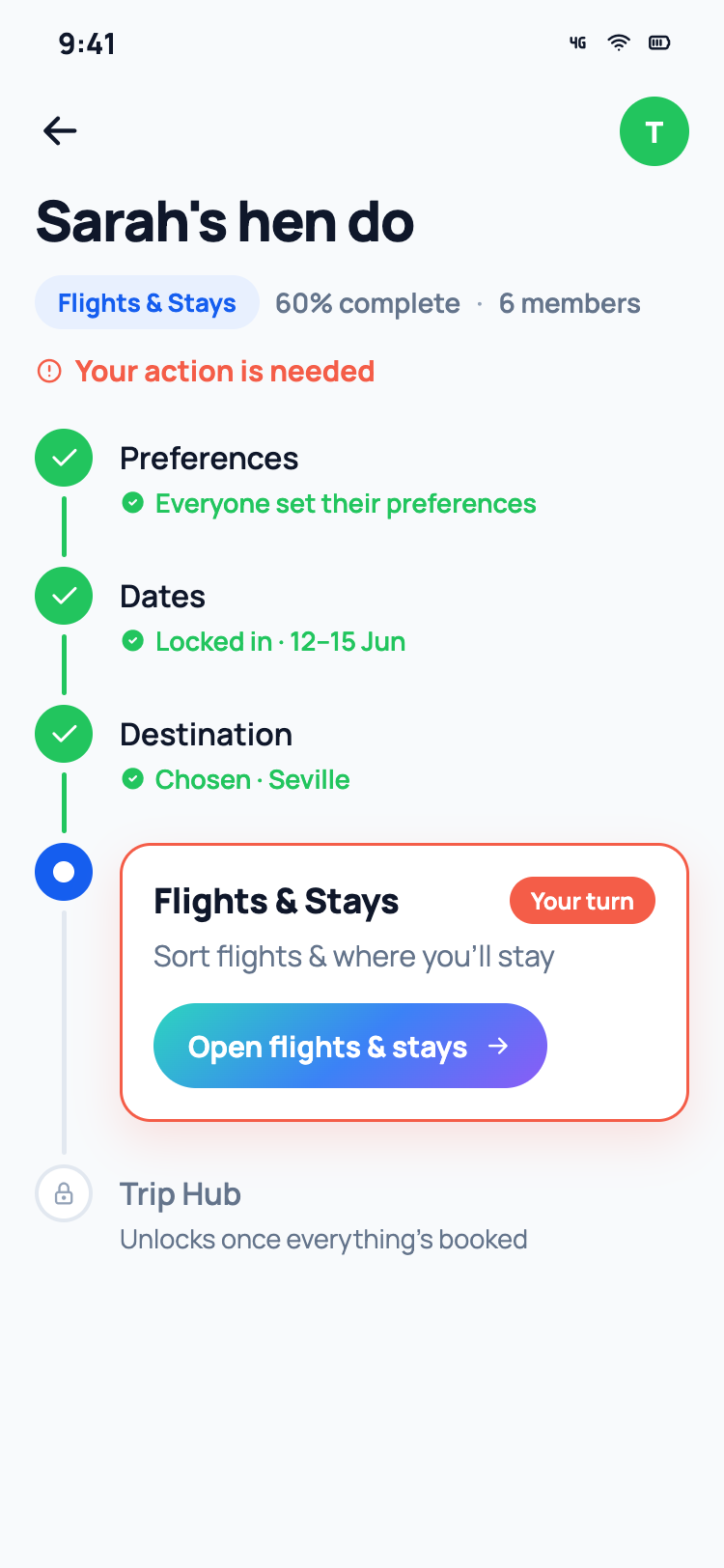 Voygo trip hub mid-plan: preferences, dates and destination done, with flights and stays up next as your turn